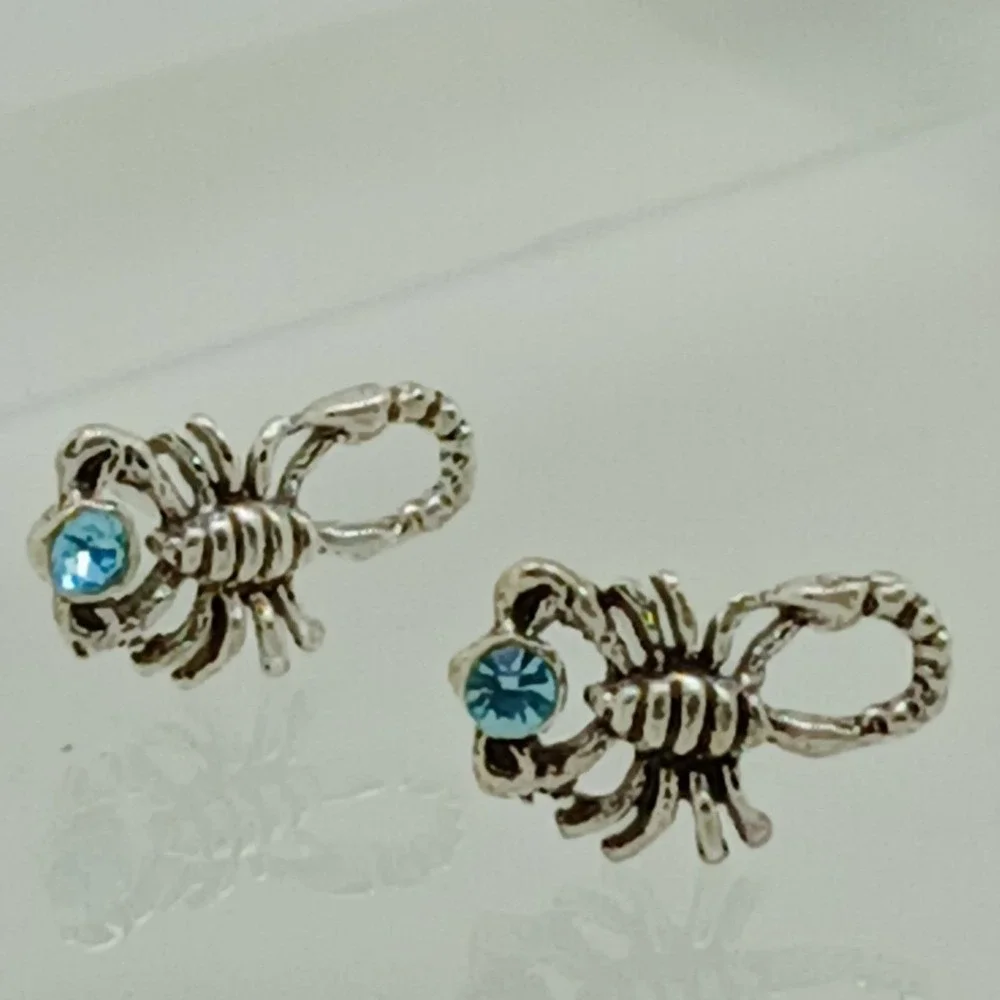 Scorpion Stud Earrings 925 Sterling Silver Blue Crystal‎ Scorpio Zodiac Jewelry